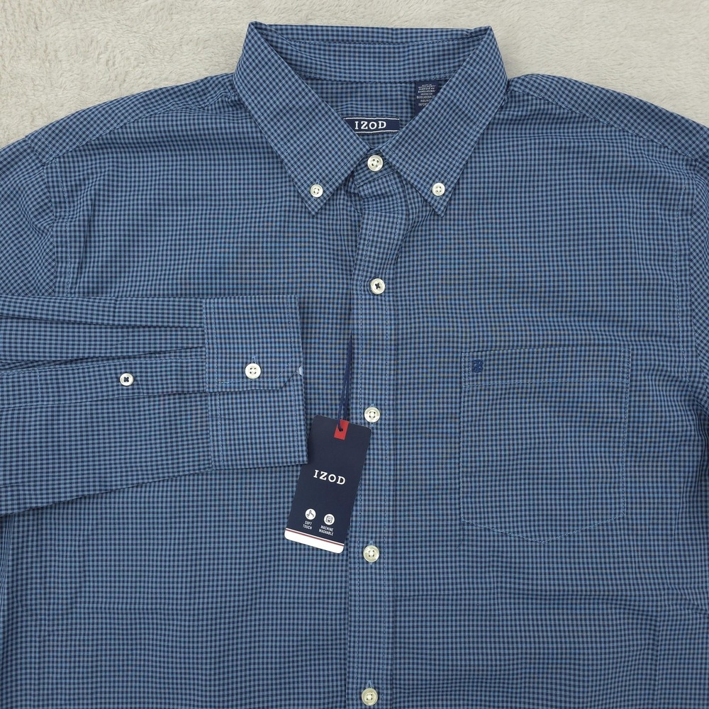 IZOD Shirt Mens Large Blue Check Long Sleeve Button Down Soft Touch Casual Woven